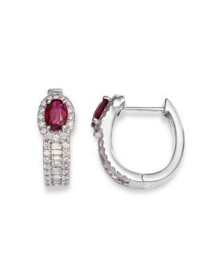 Precious Stone & Diamond Halo Hoop Earring in 14K White Gold