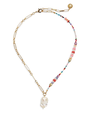 Aqua Link & Mixed Bead Asymmetrical Imitation Pearl Pendant Necklace In 14k Gold Plated, 15.75-18.75 - 10 In Multi