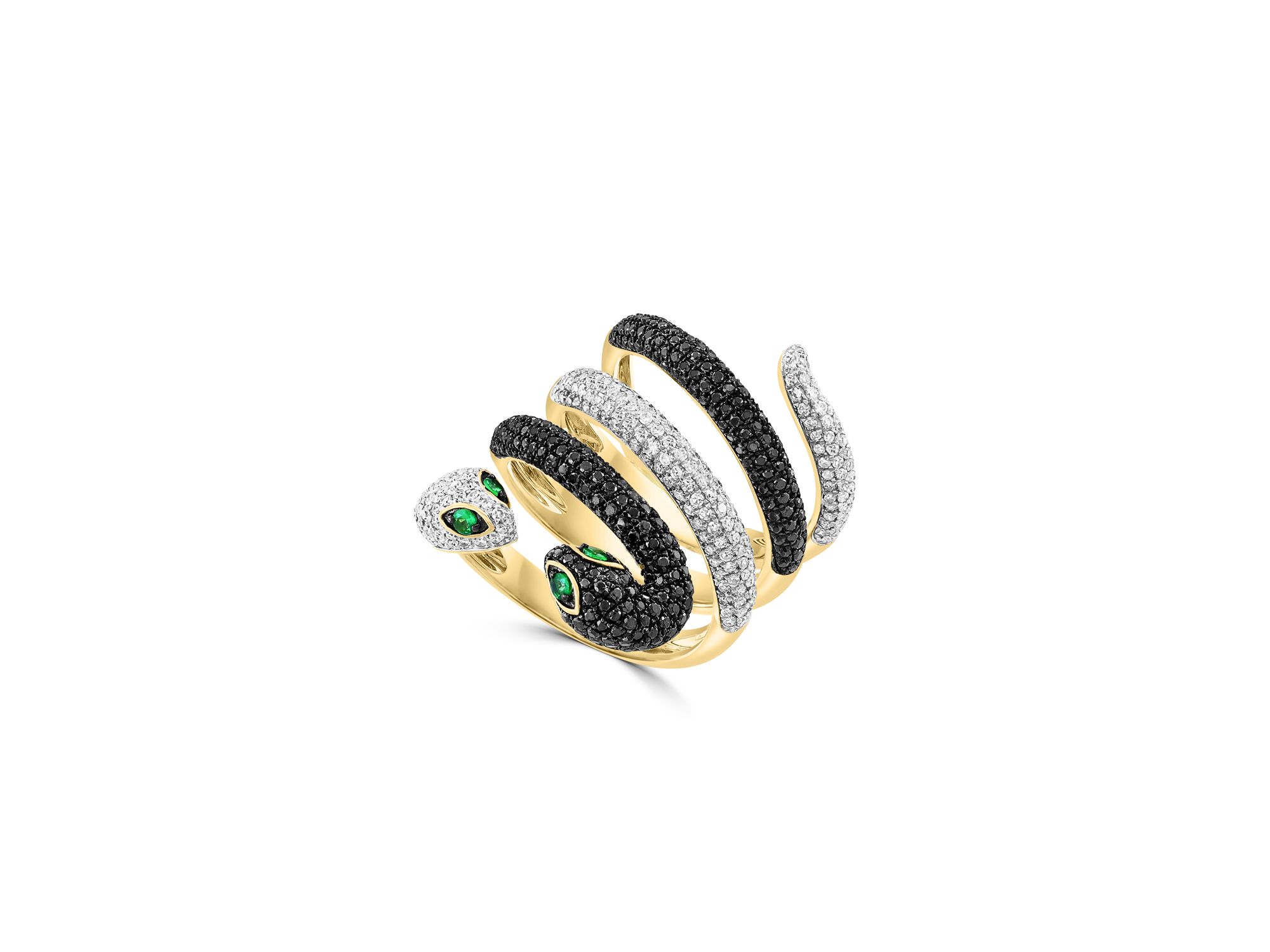 Tsavorite, Black & White Diamond Snake Ring in 14K Yellow Gold - Image 1