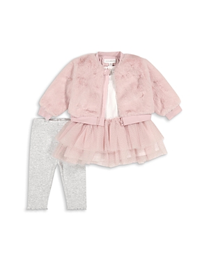 Miniclasix Girls' Faux Fur Jacket, Tutu Top & Leggings Set - Baby In Pink
