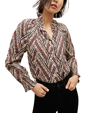 Veronica Beard Calisto Stripe Ruffle Neck Cotton Shirt In Ecru Multi