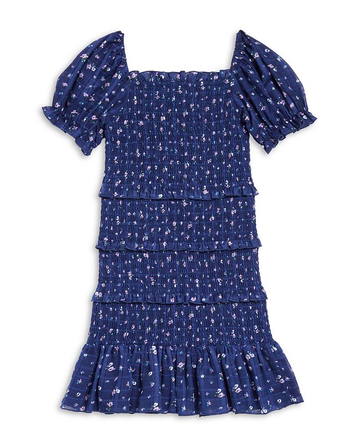 Shop Katiejnyc Girls' Laila Puff Sleeve Tiered Smocked Dress - Big Kid In Evening Blue Floral