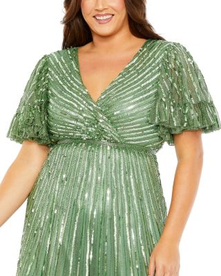  Plus Beaded Faux Wrap Flutter Sleeve Ruffle  Dress