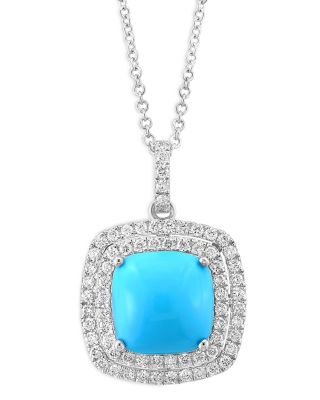 Turquoise & Diamond Halo Pendant Necklace in 14K White Gold, 16-18"