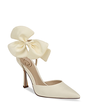 Shop Sam Edelman Women's Halie Ankle Strap Bow High Heel Pumps In Pearl Ivory