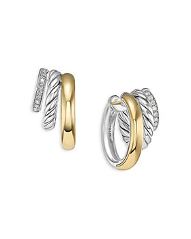 David Yurman - DY Mercer Three Row Huggie Hoop Earrings in Sterling Silver with 18K Yellow Gold and Pavé Diamonds