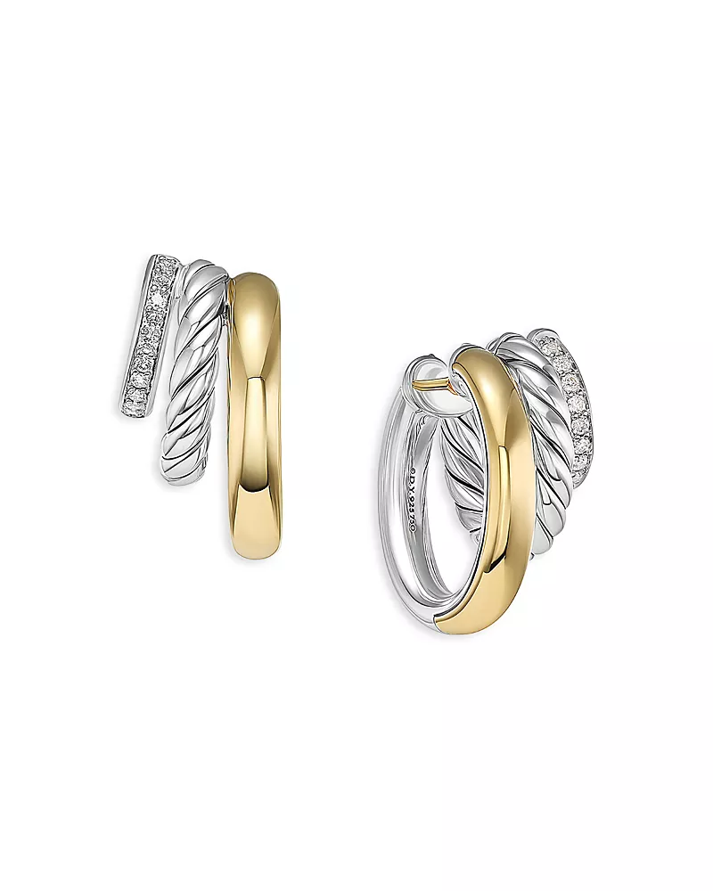 David Yurman Dy Mercer Multi Hoop Earrings in Sterling Silver with 18K Yellow Gold and Diamonds, 21mm