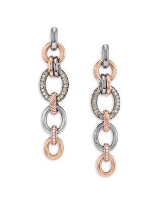 David Yurman - 18K Rose Gold & Sterling Silver DY Mercer Cognac & White Diamond Pav&eacute; Circle Convertible Drop Earrings