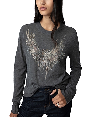 Zadig & Voltaire Miss Crystal Eagle Graphic Cashmere Sweater In Charcoal