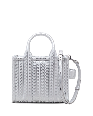 Shop Marc Jacobs The Monogram Metallic Leather Mini Tote Bag In Silver/bright White/nickel