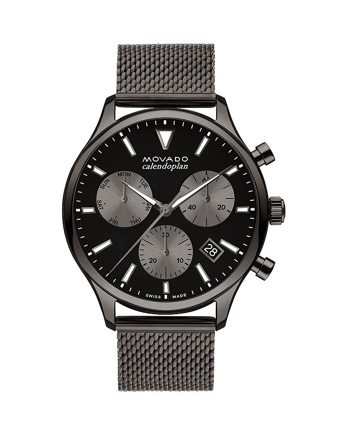 Movado Heritage Calendoplan Chronograph Black Dial Black Steel Strap Watch For Men - 3650125