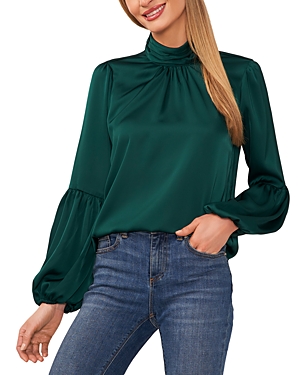 Cece Womens Satin Mock Neck Blouse In Dark Forest