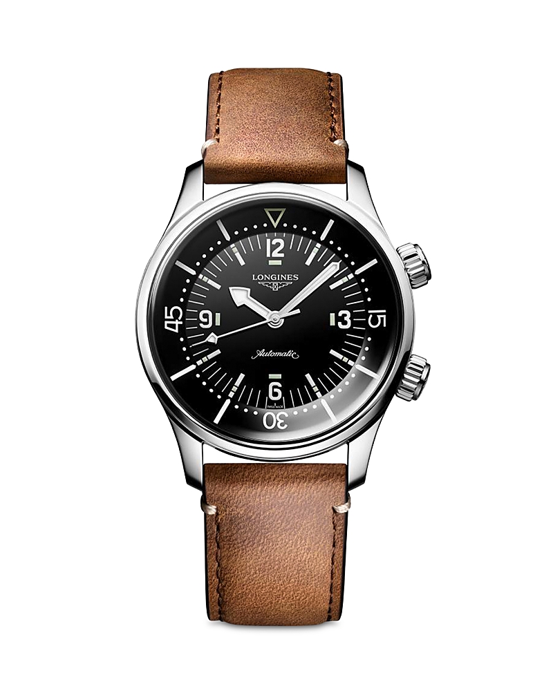 Longines Men's Swiss Automatic Legend Diver Brown Leather Strap Watch 39mm In Black/brown