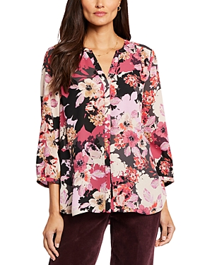 NYDJ THREE QUARTER SLEEVE PRINTED PINTUCKED BACK BLOUSE