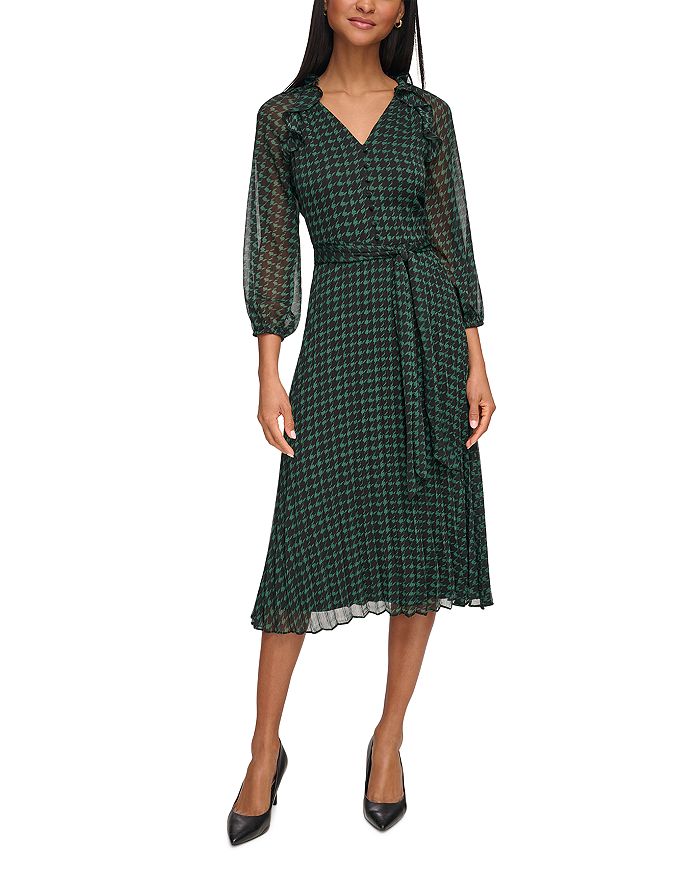 KARL LAGERFELD PARIS Houndstooth Print Chiffon Tie Waist Dress