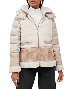 Mixed Media Faux Shearling & Faux Leather Hooded Zip Jacket