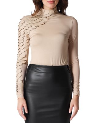 Gracia - Faux Leather Trim Mock Neck Top