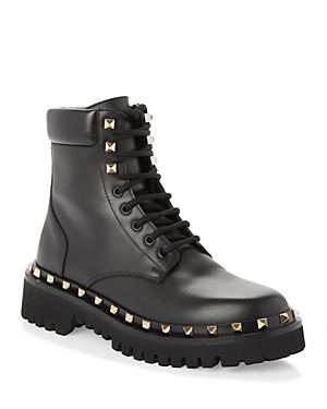 Shop Valentino Women's Rockstud Lug Sole Combat Boots In Black