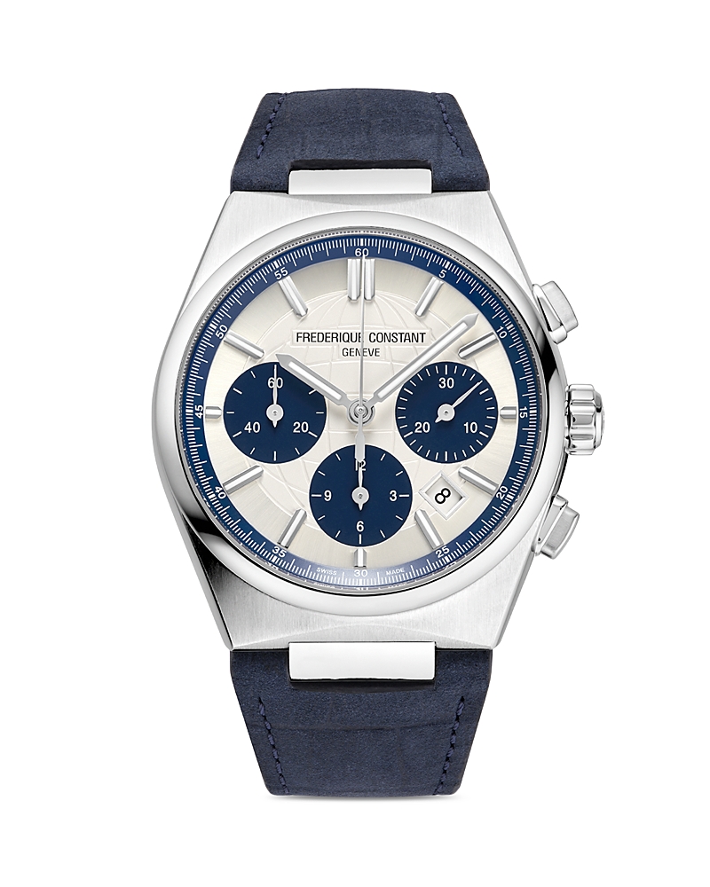 Frederique Constant Men's Swiss Automatic Chronograph Highlife Navy Leather Strap Watch 41mm In Silver/blue