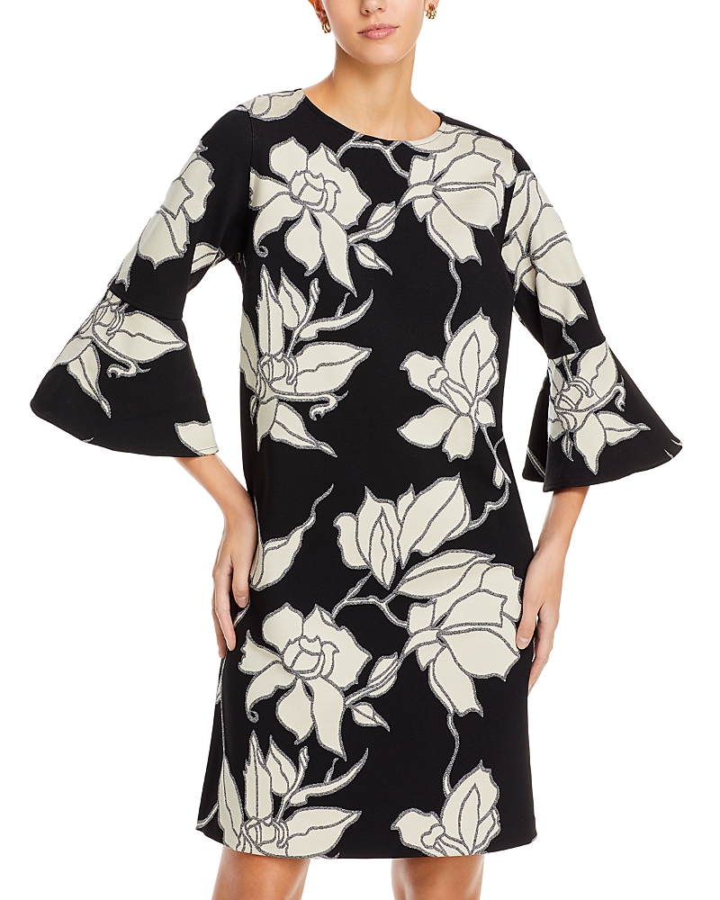 Caroline Rose Bella Bell-sleeve Knit Midi Dress In Ivory/charcoal/black