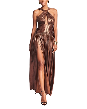 Retroféte Salem Cutout Metallic Plissé-lamé Halterneck Gown In Chocolate