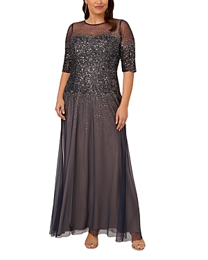 Adrianna Papell Plus Sequined Gown In Navy