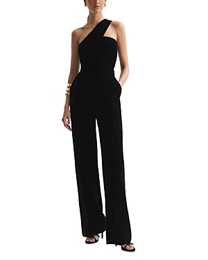 Reiss Black Velvet One-shoulder Jumpsuit In Black