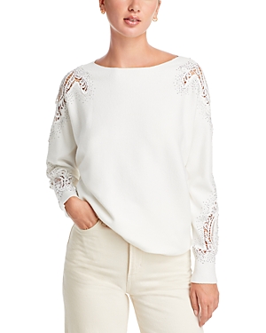 Sioni Lace Trim Boat Neck Sweater In Eggshell