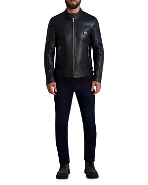 Karl Lagerfeld Leather Full Zip Racer Jacket In Black
