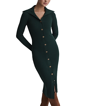 Shop Reiss Petite Ribbed Button Up Sweater Dress In Green