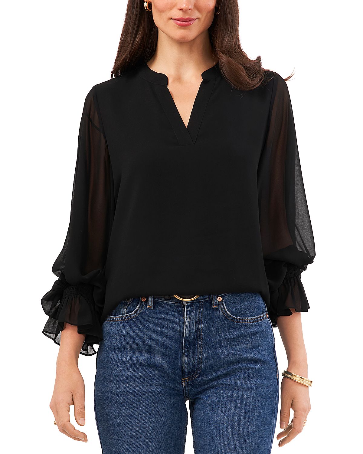 Vince Camuto V Neck Sheer Sleeve Top