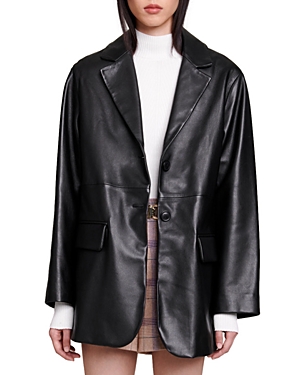 Shop Maje Valini Leather Blazer In Black