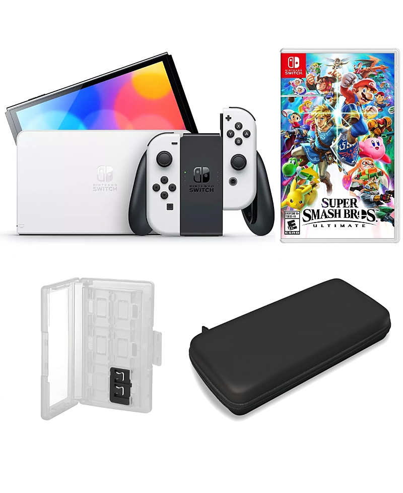 Nintendo Switch Oled in White with Super Smash Bros 3 Game and Accessories Kit