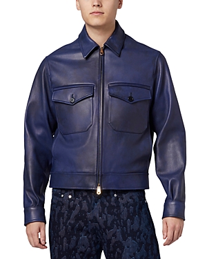 Paul Smith Zip Front Leather Jacket In Blue