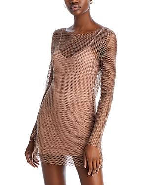 Shop L*space Dancing Queen Crystal Embellished Mesh Mini Dress Swim Cover-up In Taupe