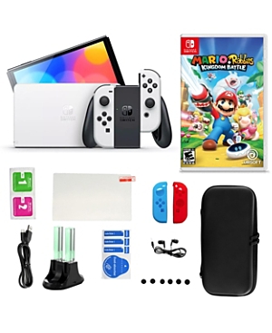 Nintendo Switch Oled in White with Mario Rabbids Kingdom Battle Game and Accessories Kit