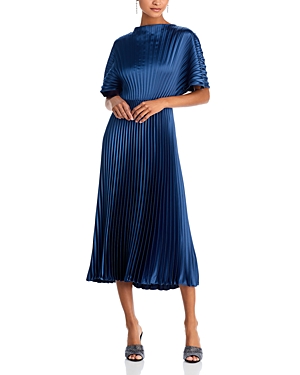 Shop Amsale Satin Fan Pleated Midi Dress In French Blue