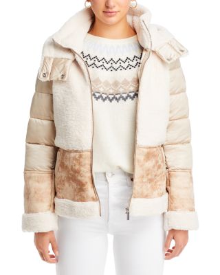 FRENCH CONNECTION - Mixed Media Faux Shearling & Faux Leather Hooded Zip Jacket