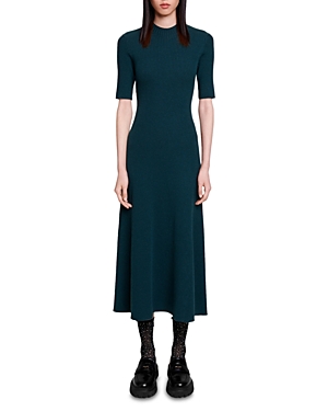 Maje Cutout Ribbed-knit Midi Dress In Bottle Green
