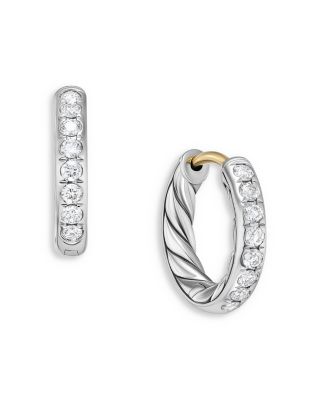 David Yurman Sculpted Cable Huggie Hoop Earrings in Sterling Silver with Diamonds