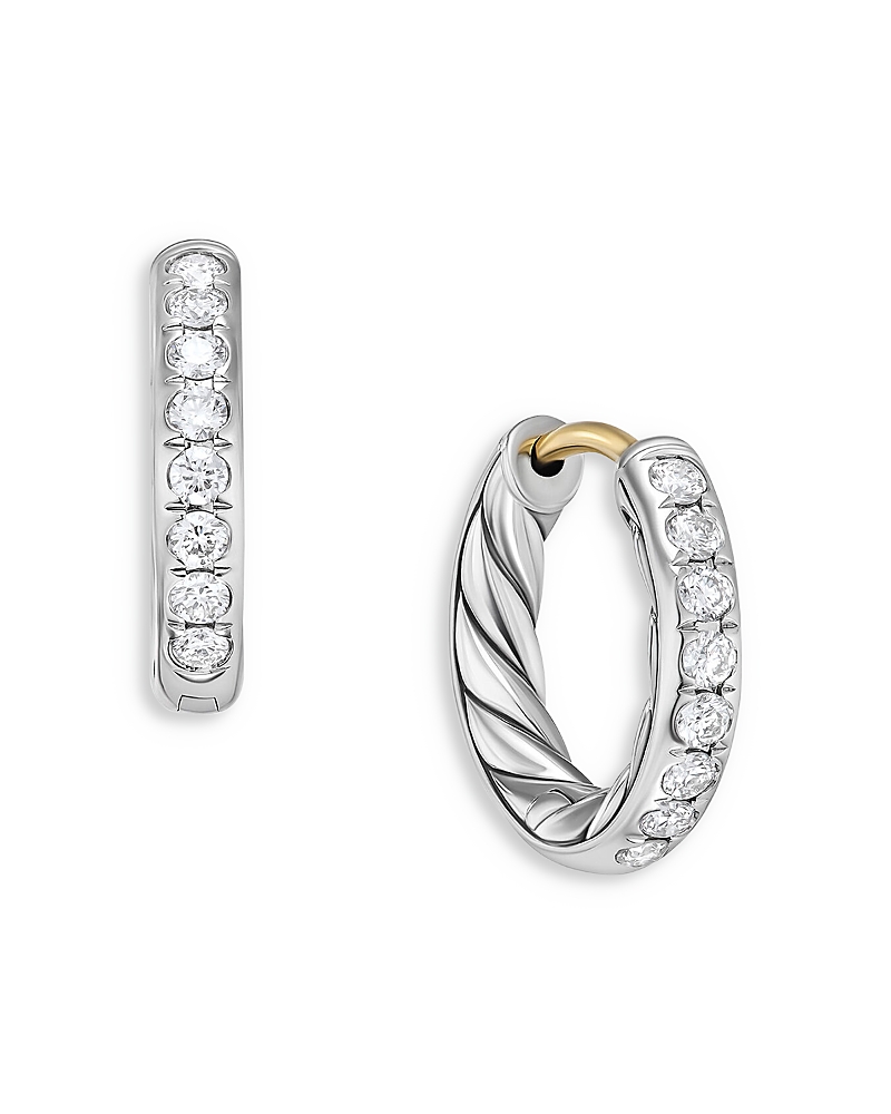 David Yurman Sculpted Cable Huggie Hoop Earrings in Sterling Silver with Diamonds