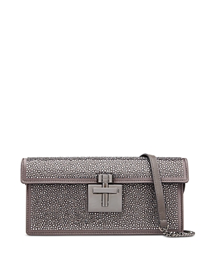 Oscar De La Renta Alibi Slim Crystal Pave Satin Shoulder Bag In Smoke/gunmetal
