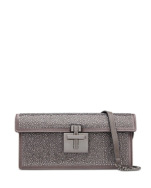 Shop Oscar De La Renta Alibi Slim Crystal Pave Satin Shoulder Bag In Smoke/gunmetal