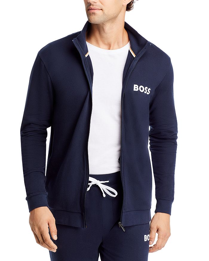 Hugo Boss Ease Cotton Logo Print Full Zip Jacket In Dark Blue
