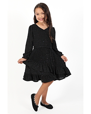 Us Angels Girls' Sparkle Knit Faux Wrap Dress - Little Kid In Black