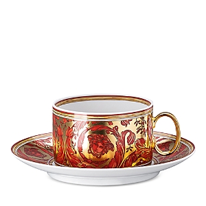 Shop Versace Medusa Garland Tea Cup & Saucer In Red/gold
