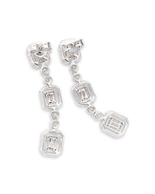 Diamond Mosaic Round &amp; Baguette Halo Drop Earrings in 14K White Gold, 1.0 tcw