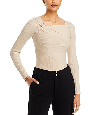 T Tahari Draped Neck Ribbed Sweater In Champagne