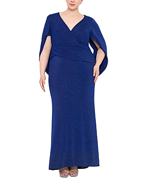 Betsy & Adam Plus Size Glitter Cape Sleeve Gown In Navy