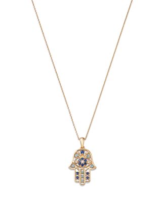 Bloomingdale's Fine Collection - Blue Sapphire, Blue Topaz, & Diamond Accent Hamsa Hand Pendant Necklace in 14K Yellow Gold, 17"